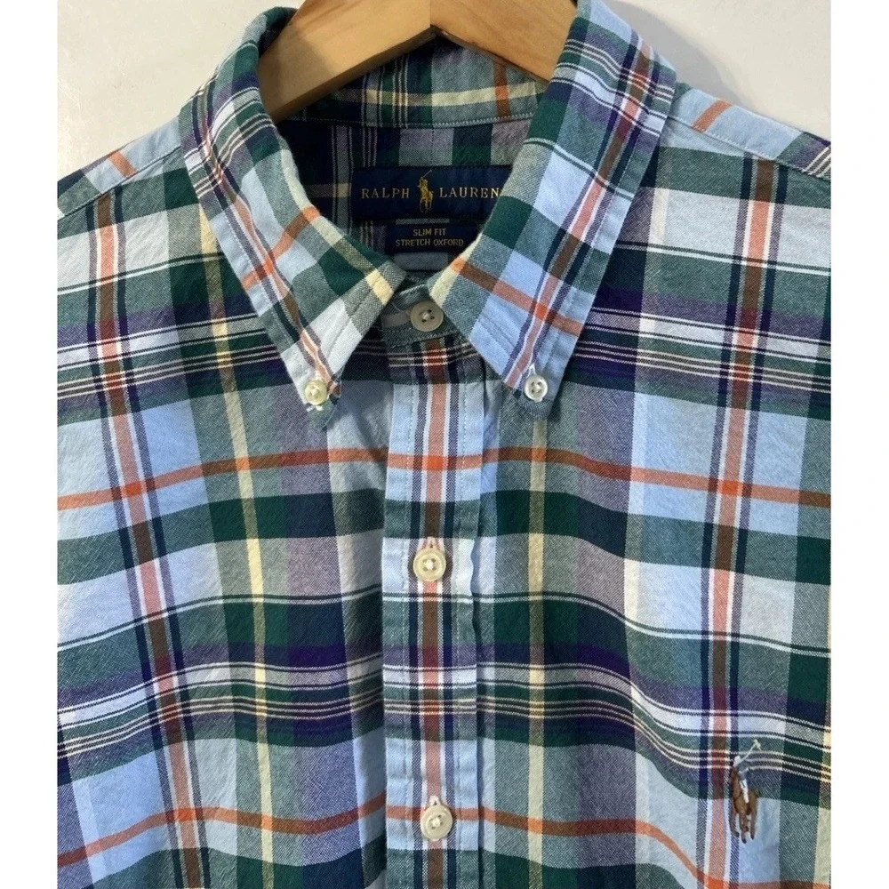 Mens Ralph Lauren Slim Fit Stretch Oxford Long Sleeve Plaid Sz XL EC